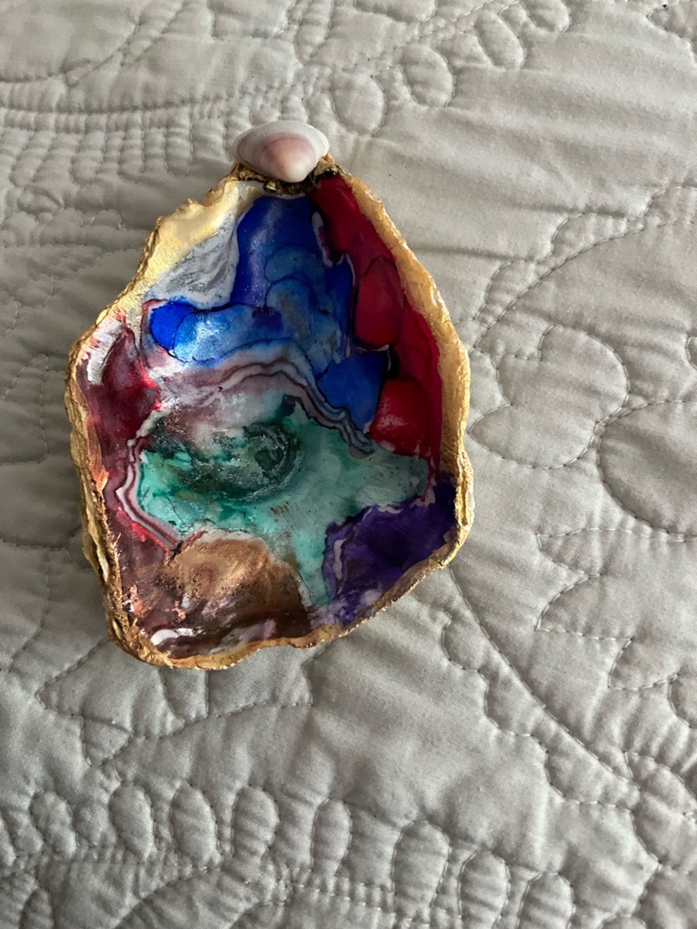 Hand-Painted Colorful Oyster Shell Dish with Gold Rim